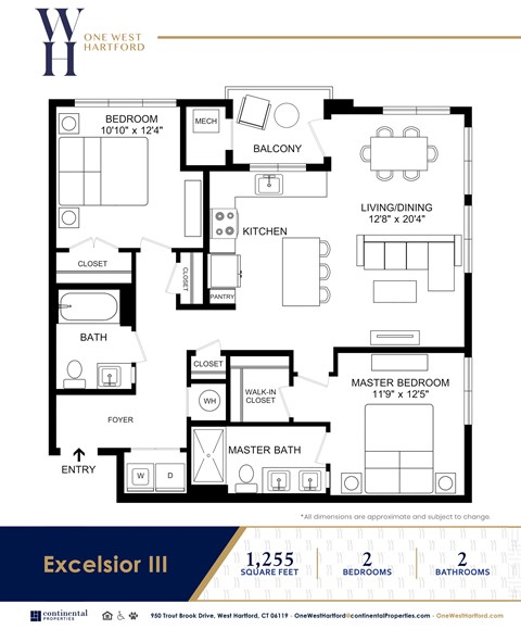 Floor plan for 2 beds, 2 baths, 1255 sqft